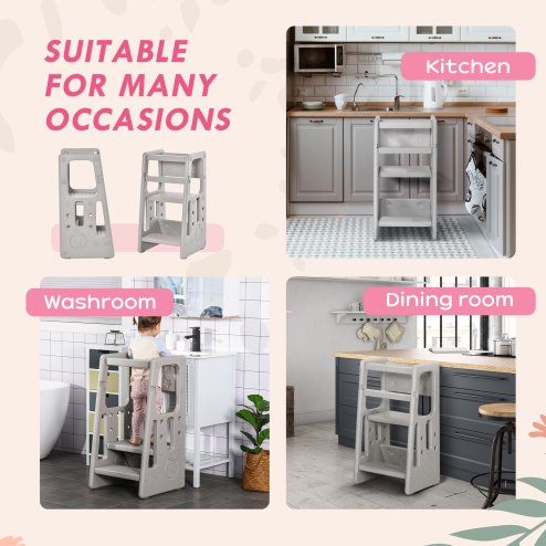 HOMCOM Kids Step Stool, Adjustable Standing Platform, Toddler Kitchen Stool , Standing Tower for Kids, Kitchen Counter with Three Adjustable Heights - Grey