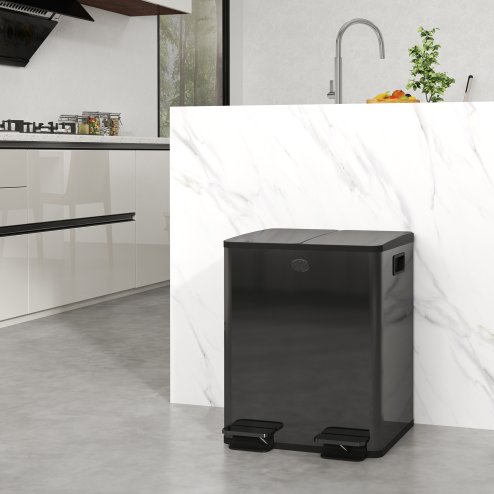 HOMCOM Dual Kitchen Bin, 2 x 20L Stainless Steel Double Rubbish Bin with Soft Close Lid, Removable Inner Buckets, Fingerprint-Proof for Recycling and Waste