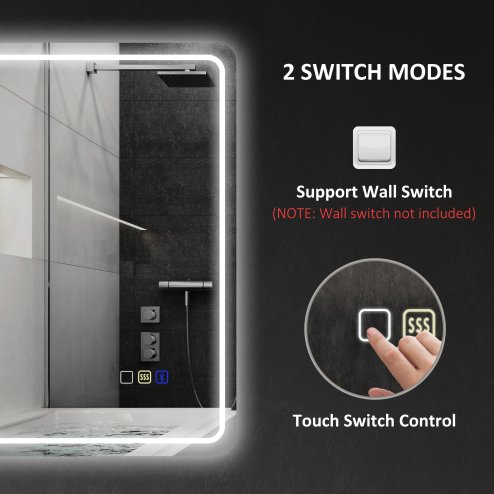 HOMCOM Bluetooth Bathroom Mirror with LED Lights, Illuminated Backlit Wall Mounted Vanity Mirror with 3 Colours Dimmable, Clock, Anti-Fog, Memory & Touch Switch, IP44