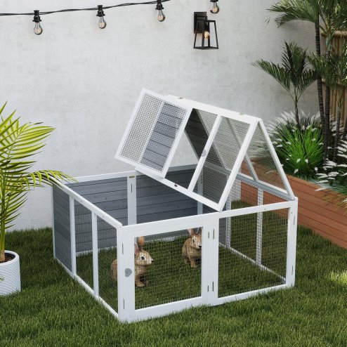 PawHut 48 Inch Rabbit Hutch Rabbit Run Small Animal Guinea Pig House Bunny Cage Hideaway Outdoor with Openable Roof Grey