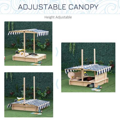 Outsunny Kids Wooden Sand Pit with Lids, Children Sandbox Height Adjustable Canopy for Garden, Convertible Bench Outdoor Garden Playset, Blue and White Canopy