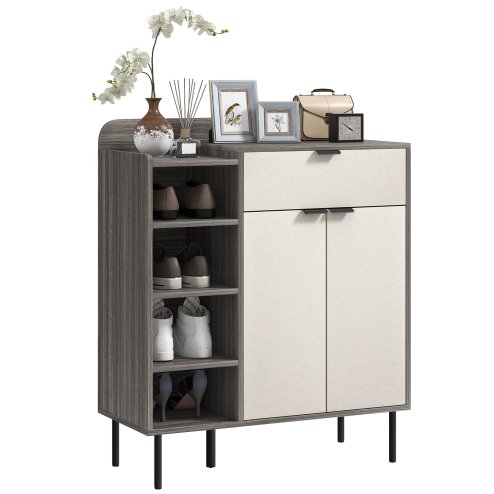 HOMCOM Shoe Cabinet, Hallway Shoe Storage Cabinet with 4-Tier Open Shelf, Double Doors and 3 Adjustable Shelves for 12 Pairs of Shoes, Graphite Wood Effect