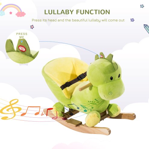 HOMCOM Kids Rocking Horse, Plush Ride-On Dinosaur Seat w/ Safety Belt, 32 Songs, Ride-On Horses Toy, for Ages 18+ Months - Green