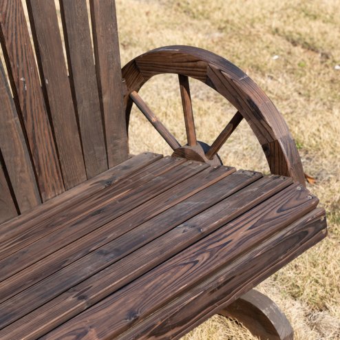 Outsunny 2 Seater Garden Bench, Comfortable Fir Wood Love Chair with Wagon Wheel-Shaped Armrests, Outdoor Adirondack Wooden Loveseats, Carbonized Colour