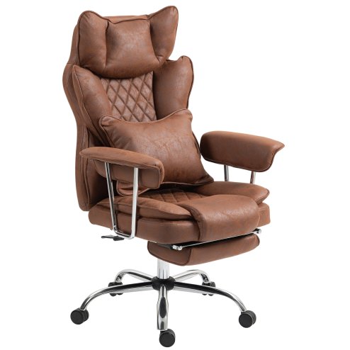 HOMCOM Executive Office Chair, Leathaire Reclining Computer Desk Chair with Lumbar Support Pillow, Built-in Headrest, High Back, Footrest, Silent Swivel Wheels, Armrest for Home, Dark Brown
