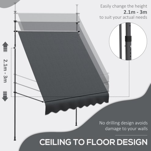 Outsunny 2 x 1.2m Free Standing Retractable Awning, Non-Screw Patio Sun Shade Shelter with Support Pole Stand and UV Resistant Fabric, for Window, Door, Porch, Deck, Dark Grey