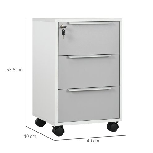 HOMCOM 3-Drawer Lockable Filing Cabinet, File Cabinet on Wheels, Mobile Office Storage Drawers for Home Office, Bedroom and Living Room
