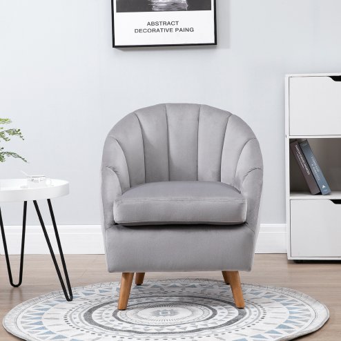 HOMCOM Velvet Armchair, Modern Accent Chair, Upholstered Tub Chair with Solid Wood Legs and Seat Cushion for Living Room, Grey