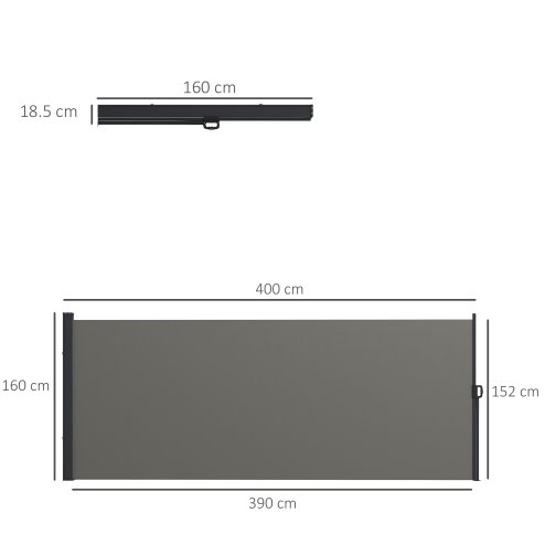 Outsunny Retractable Side Awning, Garden Privacy Screen Divider, Full Cassette Wind Breaker for Hot Tub, Balcony, Terrace, Pool, 400 x 160cm, Dark Grey