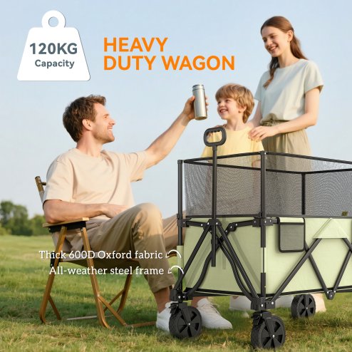 Outsunny 180L Festival Trolley on Wheels, Folding Camping Trolley Cart with Extendable Side Walls and Telescopic Handle, for Garden Beach Fishing, Light Green