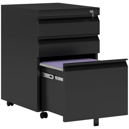 Vinsetto 3-Drawer Filing Cabinet with Lock, Mobile Steel File Cabinet for A4, Legal and Letter Size, Under Desk Drawers with Pre-Assembled Body for Home Office, 39 x 48 x 60 cm, Black
