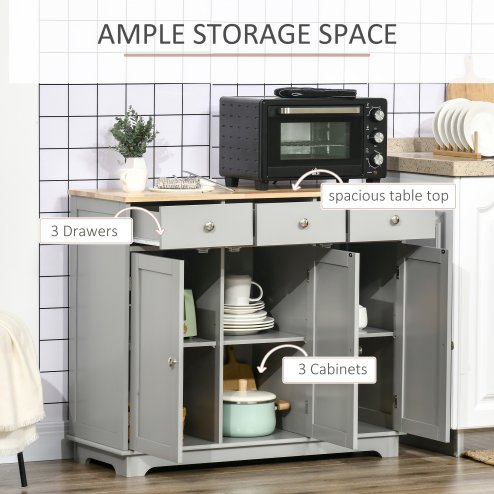HOMCOM Modern Sideboard with Rubberwood Top, Buffet Cabinet with Storage Cabinets, Drawers and Adjustable Shelves for Dining Room, Kitchen, Grey