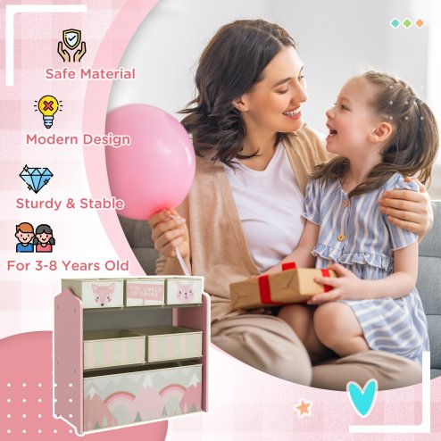 ZONEKIZ Kids Storage Unit, Childrens Toy Storage Organiser, with 6 Fabric Bins, for Bedroom, Nursery, 63 x 30 x 66cm, Pink
