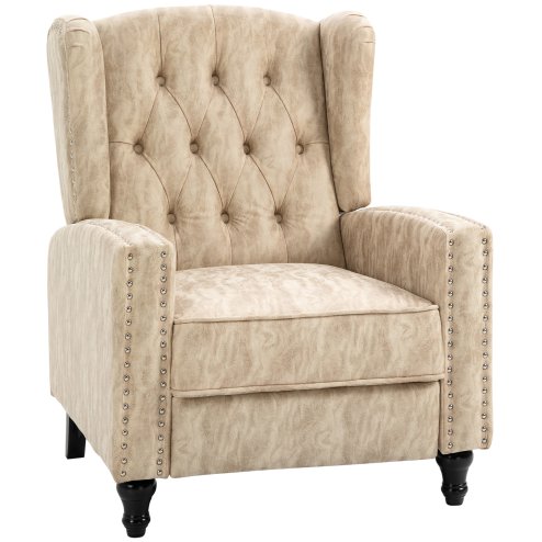 HOMCOM Manual Reclining Armchair with Footrest, Marble Effect Vintage Recliner Chair with Nail Head Trim, Button Tufted Wing Back and Wood Legs, Beige