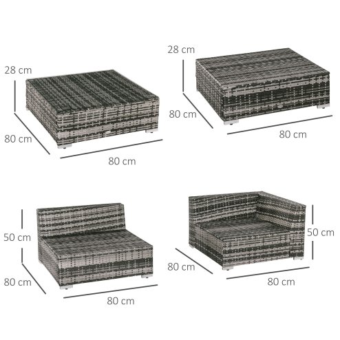 Outsunny 6 Pieces Rattan Garden Furniture Set, 5 Seater Garden Sofa Set with Thickened Cushions, Glass Top Coffee Table and Ottomans, Outdoor Sectional Conservatory Furniture with Pillows, Grey