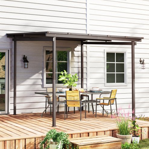 Outsunny 3 x 3(m) Garden Pergola with Waterproof Metal Roof, Lean to Pergola Hardtop Gazebo, Wind-resistant Outdoor Sun Shade, Easy to Assemble