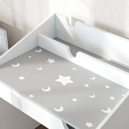 AIYAPLAY Kids Desk and Chair Set, Children Study Table and Chair with Storage, Pull-Out Drawer, Star and Moon Pattern, for Bedroom, Playroom, Nursery, for Ages 3-6 Years, Grey