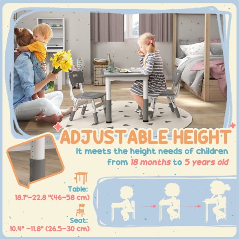 AIYAPLAY Kids Table and Chair Set, 3 Pcs Height Adjustable Activity Table Set with 2 Chairs, Easy to Wipe Arts & Crafts Table, for Classrooms, Daycares, Homes - Grey