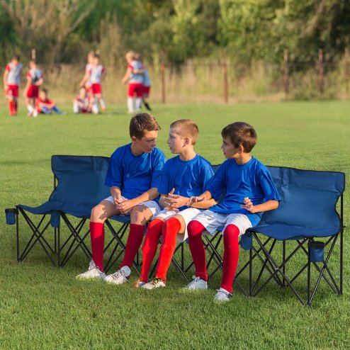Outsunny 6 Seater Folding Bench, Outdoor Camping Chair Portable Sports Spectator Chair with Metal Frame, Cup Holder & Carry Bag, Blue