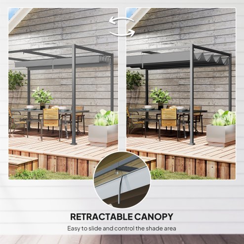 Outsunny 3 x 2m Metal Outdoor Pergola with Retractable Roof, Outdoor Gazebo Canopy Shelter with Drainage Holes for Garden, Patio, Lawn, Grey