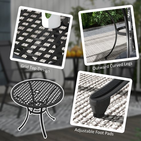 Outsunny 85cm Round Garden Dining Table, Cast Aluminium Coffee Table with Parasol Hole and Adjustable Foot Pad, Patio Table for Outdoor, Balcony, Poolside, Black
