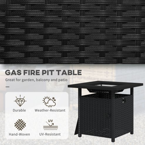 Outsunny Outdoor Rattan Gas Fire Pit Table, 50,000 BTU Square Garden Table with Fire Pit, Rain Cover, Wind Guard, Pulse-Ignition and Volcanic Rock, 72.5 x 72.5 x 67.5 cm, Black