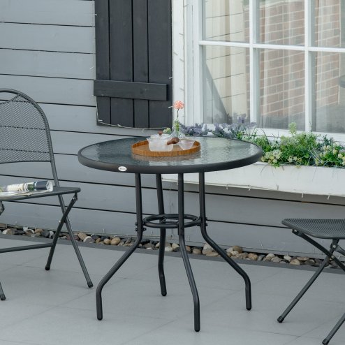 Outsunny 80 cm Round Dining Table with Parasol Hole, Outdoor Coffee End Side Table with Tempered Glass Top, Steel Frame for Garden, Black