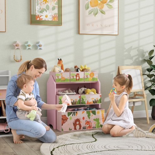 AIYAPLAY Kids Storage Unit, 3-Tier Toy Organiser Shelf with 6 Removable Storage Boxes, for Playroom, Bedroom, Children's Room, Nursery, Pink