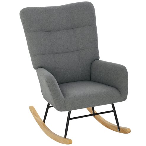 HOMCOM Rocking Chair, Teddy Upholstered Accent Chair, Modern Armchair with Wide Backrest and Rubberwood Base for Living Room, Bedroom, Grey