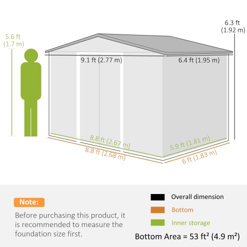 Outsunny 9 x 6ft Metal Garden Shed, Outdoor Storage Tool House with Ventilation Slots, Foundation Kit and Lockable Double Doors, Silver