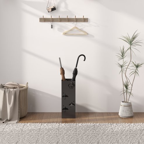 HOMCOM Metal Umbrella Stand, Square Umbrella Holder with Removable Drip Tray and 4 Hooks, Decorative Umbrella Storage Rack for Hallway, Entryway, 15.5 x 15.5 x 41 cm, Black