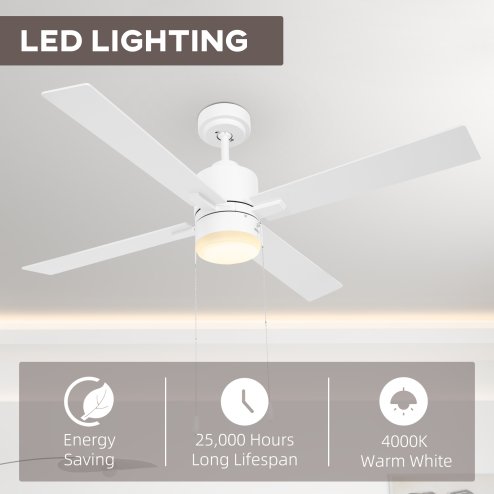 HOMCOM Ceiling Fan with Light, 130cm Flush Mount LED Ceiling Fan Light with 4 Reversible Blades, Pull-chain Switch, for Bedroom Living Room, White and Natural Tone