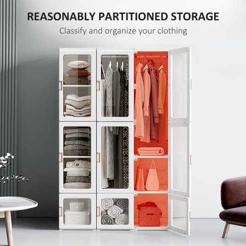 HOMCOM Portable Clothes Wardrobe for Bedroom, Foldable Clothes Organiser with Cube Storage, Hanging Rods, Magnet Doors, White