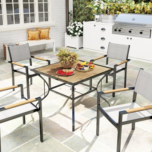 Outsunny 94 x 94 cm Garden Table with Parasol Hole, Outdoor Dining Table for 4, Square Patio Table with Stone-Grain Effect PC Board Top for Patio, Garden, Brown
