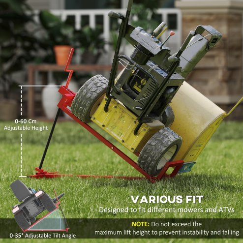 HOMCOM Folding Ride On Lawn Mower Jack Lift, 400 kg Adjustable Steel Lifting Device, Telescopic Maintenance Jack Lifter for Lawnmowers, ATVs, Red