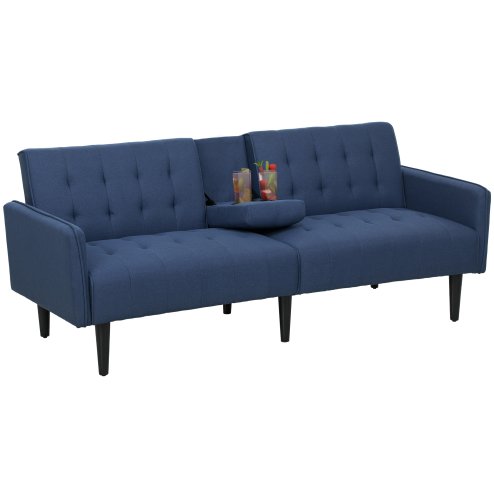 HOMCOM Click Clack Sofa Bed, Linen-Feel Fabric 3 Seater Sofa for Living Room/Spare Room/Guest Room, Bed Settee with Cup Holders