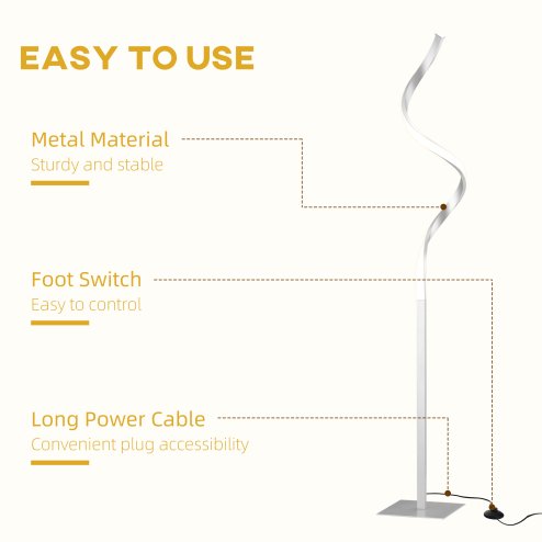 HOMCOM Dimmable Floor Lamp for Living Room, Modern Spiral Standing Lamp with 3 Adjustable Brightness and Square Base, Silver