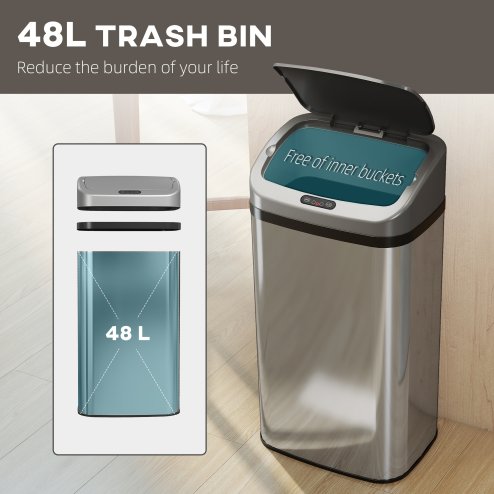 HOMCOM 48L Sensor Bin, Stainless Steel Kitchen Bin with Automatic Soft Close Lid and Fingerprint-Proof for Recycling and Waste, Silver Tone