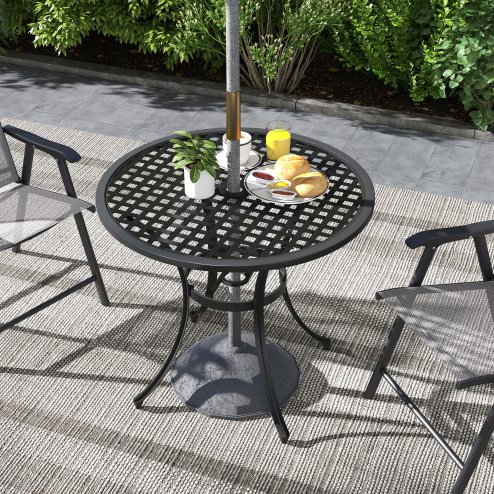 Outsunny 85cm Round Garden Dining Table, Cast Aluminium Coffee Table with Parasol Hole and Adjustable Foot Pad, Patio Table for Outdoor, Balcony, Poolside, Black