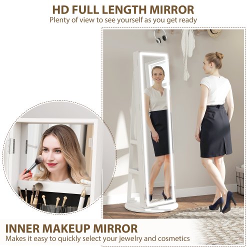 HOMCOM 360 Swivel Mirror Jewellery Cabinet with 3 Colour LED Lights, Lockable Jewellery Organiser, Free Standing Full Length Mirror with Storage for Earrings, Necklaces, Rings and Lipsticks, White
