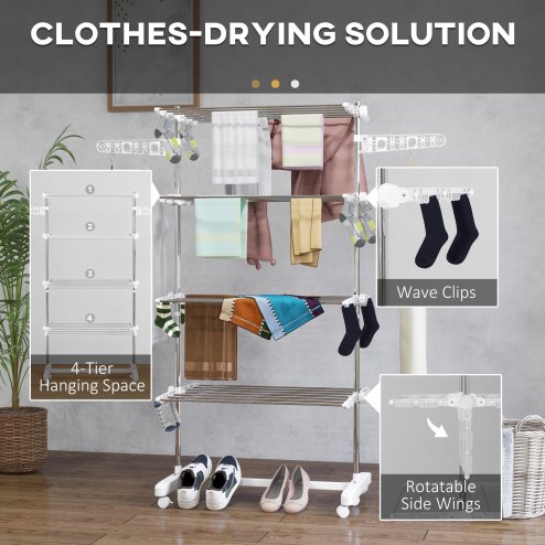 HOMCOM 4-Tier Clothes Airer, Stainless Steel Foldable Clothes Drying Rack with Wheels and Wings, Indoor and Outdoor, Easy Assembly, 142 x 55 x 172cm