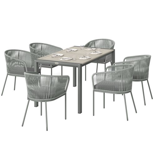 Outsunny Rattan Dining Set, 6 Seater Rattan Garden Furniture Set with Acacia Wood Top Rectangle Table, 6 Chairs, Washable Seat Cushions, for Outdoor, Patio, Conservatory, Grey