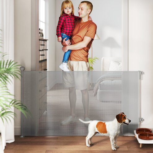 PawHut Retractable Stair Gate for Dogs, Extra Wide Dog Gate Extends Up to 140 cm Wide, 86.5 cm Tall, for Doorways, Stairways, Hallways, Indoor and Outdoor, Grey