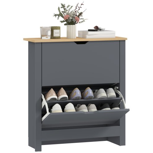 HOMCOM Narrow Shoe Cabinet, Space Saving Shoe Storage Cabinet with 2 Flip Drawers and Adjustable Shelves for 6-12 Pairs of Shoes for Hallways and Living Room, Charcoal Grey