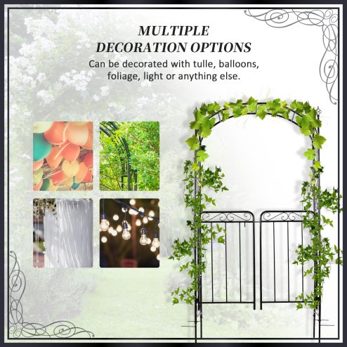 Outsunny Garden Decorative Metal Arch with Gate Outdoor Patio Trellis Arbor for Climbing Plant Archway Antique Black - 108L x 45W x 215Hcm