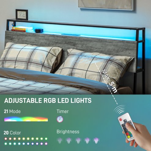 HOMCOM 5ft King Size Bed Frame with LED Lights and Charging Station, Platform Bed Frame with Storage Headboard, Steel Slat Support, No Box Spring Needed, Easy Assembly, Cement Grey
