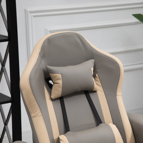 HOMCOM Reclining Gaming Chair, 360° Swivel Racing Video Gaming Manual Recliner with Footrest, Headrest and Cup Holder, PU Leather Armchair with Storage Pocket, Grey