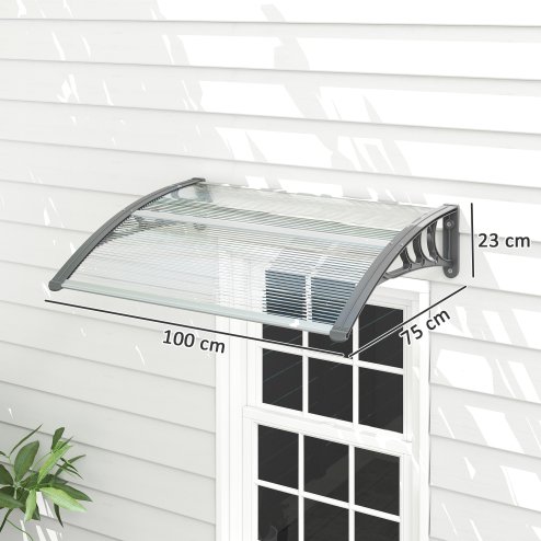 Outsunny Front Door Canopy Outdoor Awning Aluminium Rigid Plastic Polycarbonate Rain Shelter UV Water Rain Resistant 100 x 75cm Clear