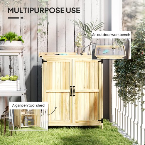 Outsunny Wooden Garden Shed, Garden Tool Storage Shed with Hinged Roof and Shelf, Outdoor Storage Cabinet with Double Doors, Natural Wood Finish