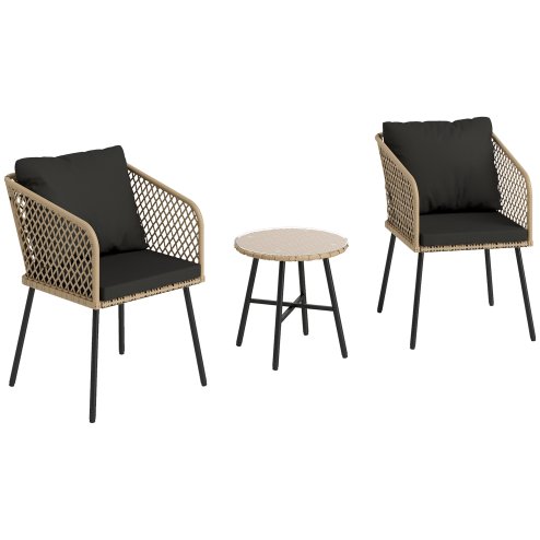Outsunny 3 Piece Rattan Bistro Set, Patio Wicker Conversation Furniture Set with 2 Chairs, Tempered Glass Table, Cushions, Adjustable Foot Pads, for Garden, Balcony, Nature Wood Finish